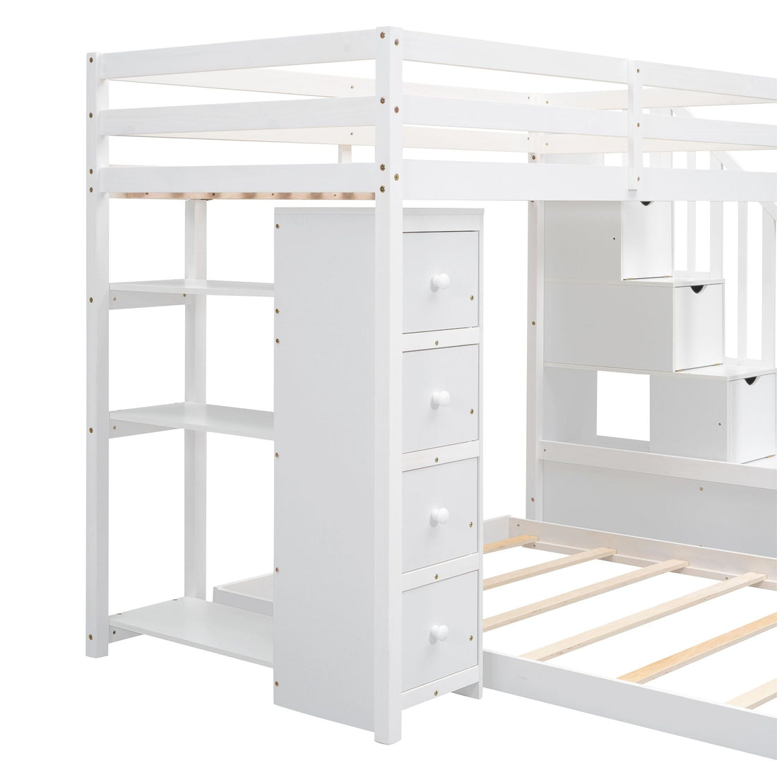 Kids Shared Room Twin Over Full Wood Bunk Bed with Storage Stairs, Shelves, Drawers White | Just Better Bunk Beds - View 15