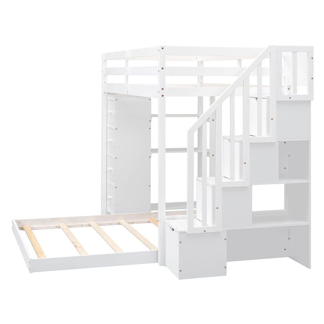 Kids Shared Room Twin Over Full Wood Bunk Bed with Storage Stairs, Shelves, Drawers White | Just Better Bunk Beds - View 7