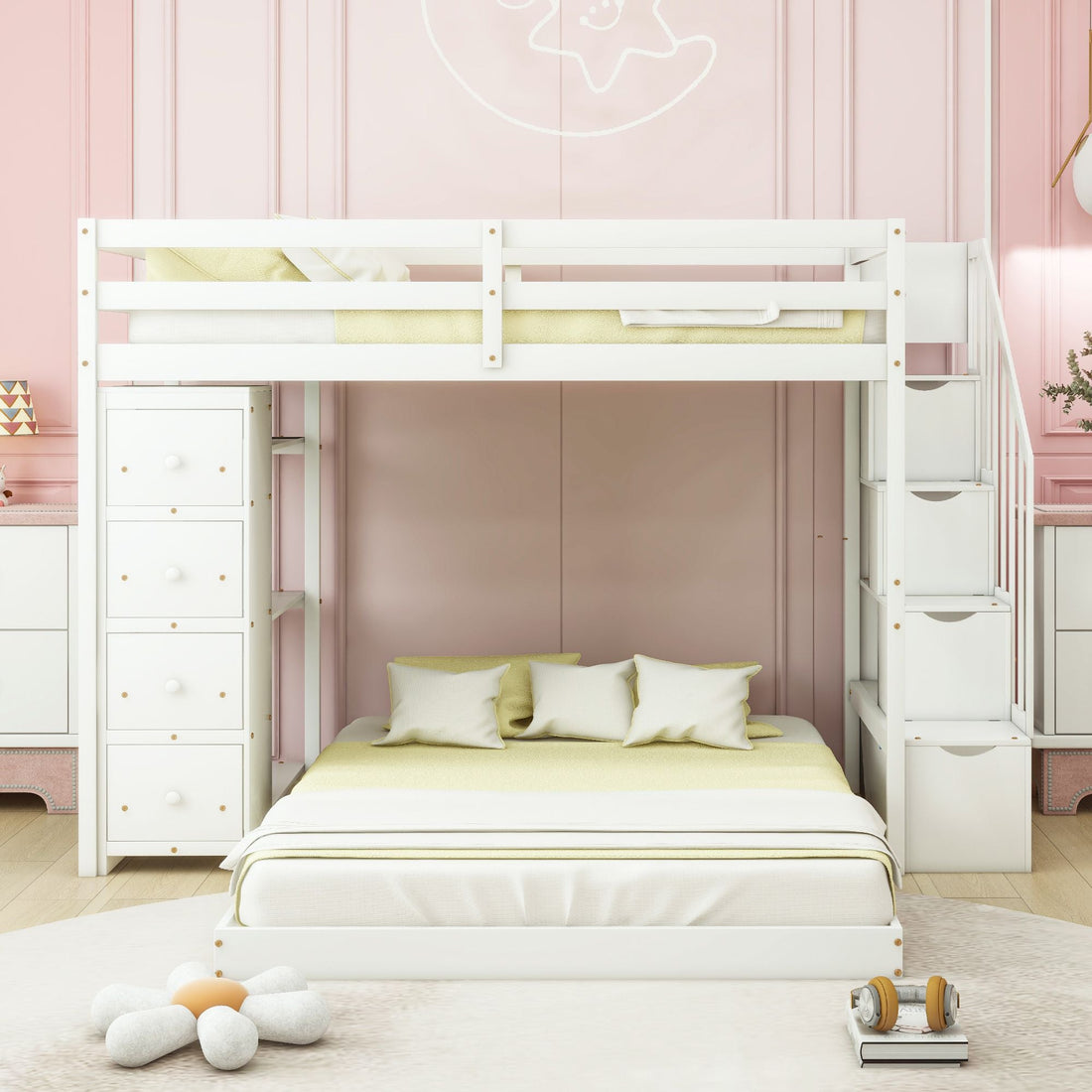 Kids Shared Room Twin Over Full Wood Bunk Bed with Storage Stairs, Shelves, Drawers White | Just Better Bunk Beds - Side View