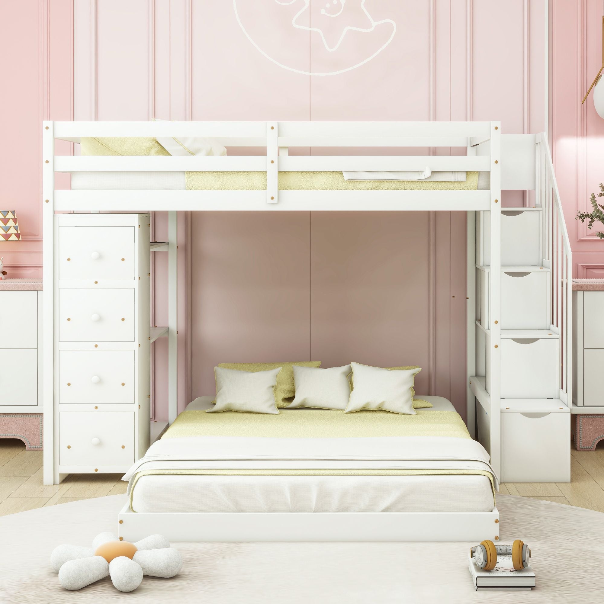 Kids Shared Room Twin Over Full Wood Bunk Bed with Storage Stairs, Shelves, Drawers White | Just Better Bunk Beds - Side View