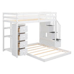 Kids Shared Room Twin Over Full Wood Bunk Bed with Storage Stairs, Shelves, Drawers White | Just Better Bunk Beds - Assembly View