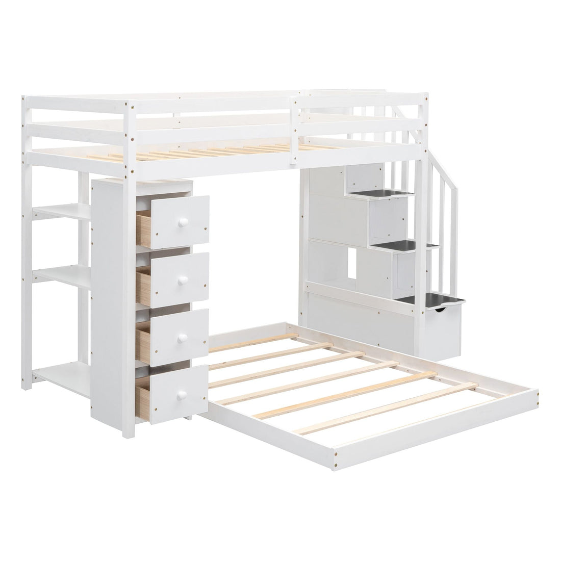 Kids Shared Room Twin Over Full Wood Bunk Bed with Storage Stairs, Shelves, Drawers White | Just Better Bunk Beds - Assembly View