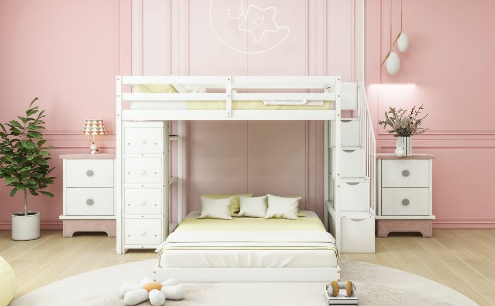 Kids Shared Room Twin Over Full Wood Bunk Bed with Storage Stairs, Shelves, Drawers White | Just Better Bunk Beds - View 18