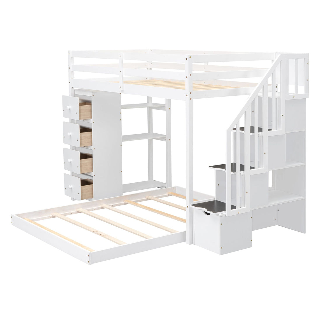 Kids Shared Room Twin Over Full Wood Bunk Bed with Storage Stairs, Shelves, Drawers White | Just Better Bunk Beds - View 11