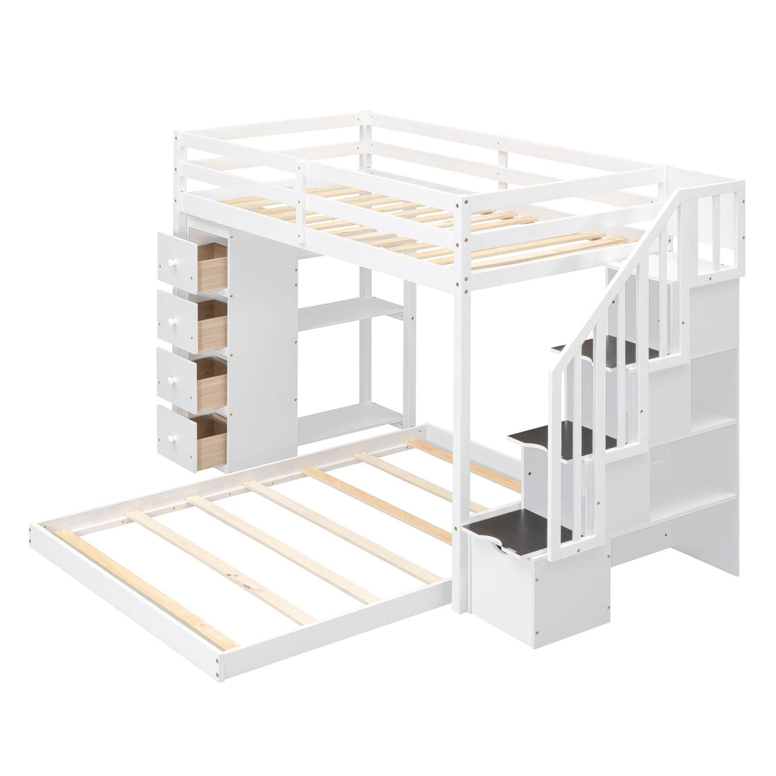 Kids Shared Room Twin Over Full Wood Bunk Bed with Storage Stairs, Shelves, Drawers White | Just Better Bunk Beds - View 10