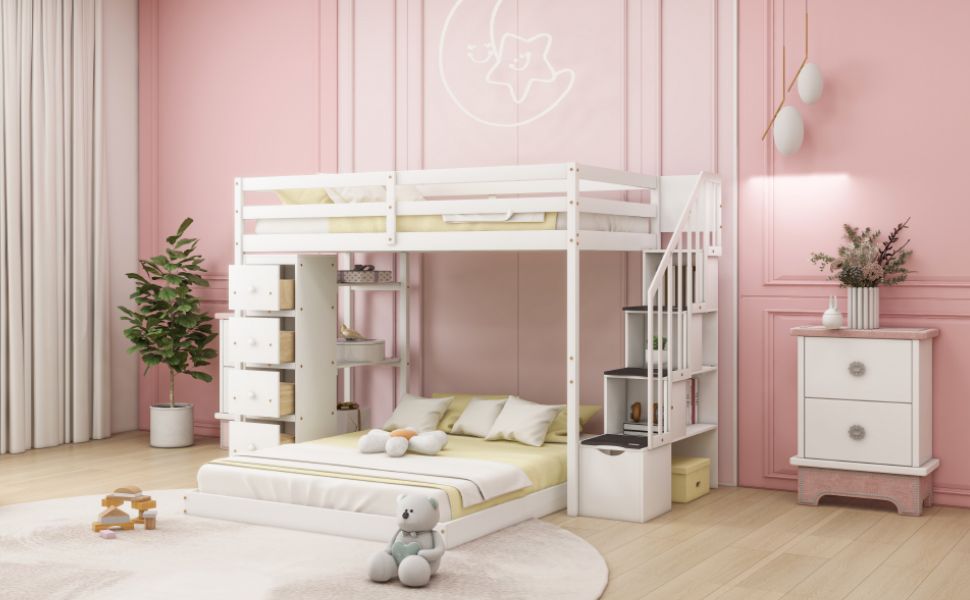 Kids Shared Room Twin Over Full Wood Bunk Bed with Storage Stairs, Shelves, Drawers White | Just Better Bunk Beds - View 17