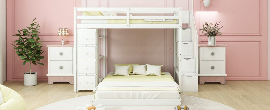 Kids Shared Room Twin Over Full Wood Bunk Bed with Storage Stairs, Shelves, Drawers White | Just Better Bunk Beds - View 20