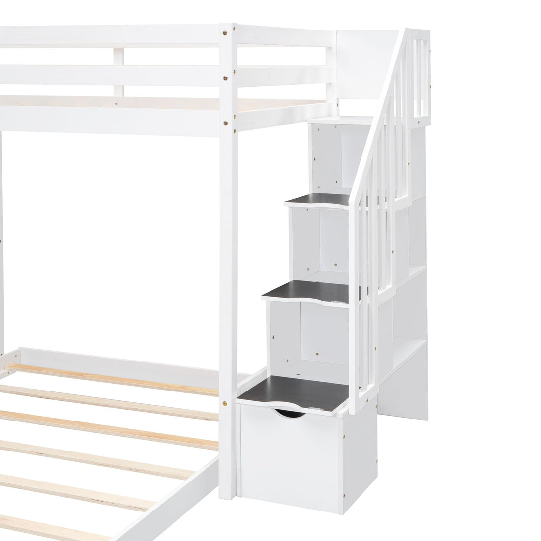 Kids Shared Room Twin Over Full Wood Bunk Bed with Storage Stairs, Shelves, Drawers White | Just Better Bunk Beds - View 16
