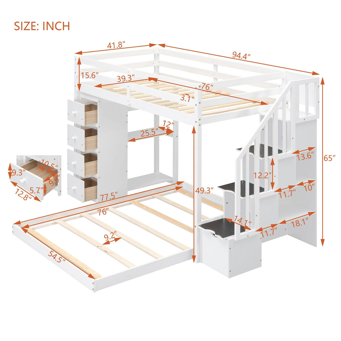Kids Shared Room Twin Over Full Wood Bunk Bed with Storage Stairs, Shelves, Drawers White | Just Better Bunk Beds - View 6