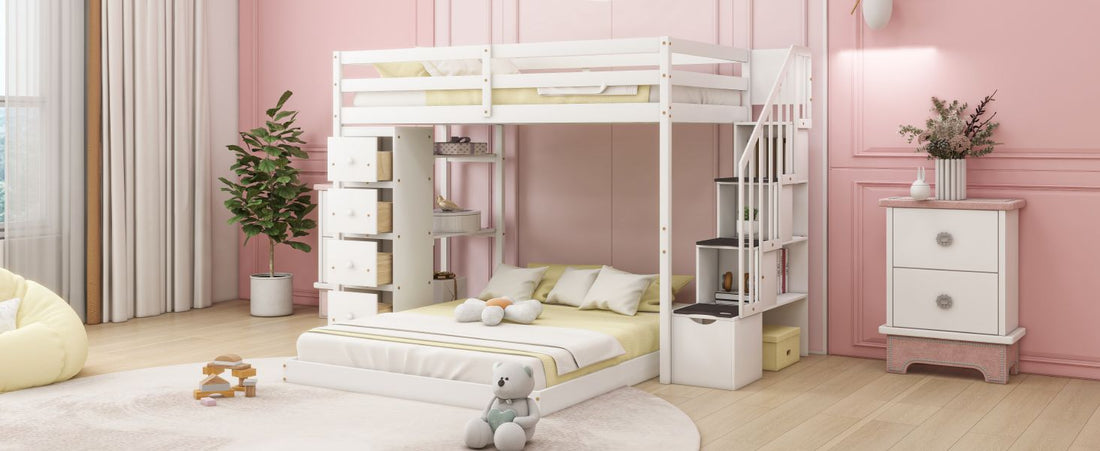 Kids Shared Room Twin Over Full Wood Bunk Bed with Storage Stairs, Shelves, Drawers White | Just Better Bunk Beds - View 19