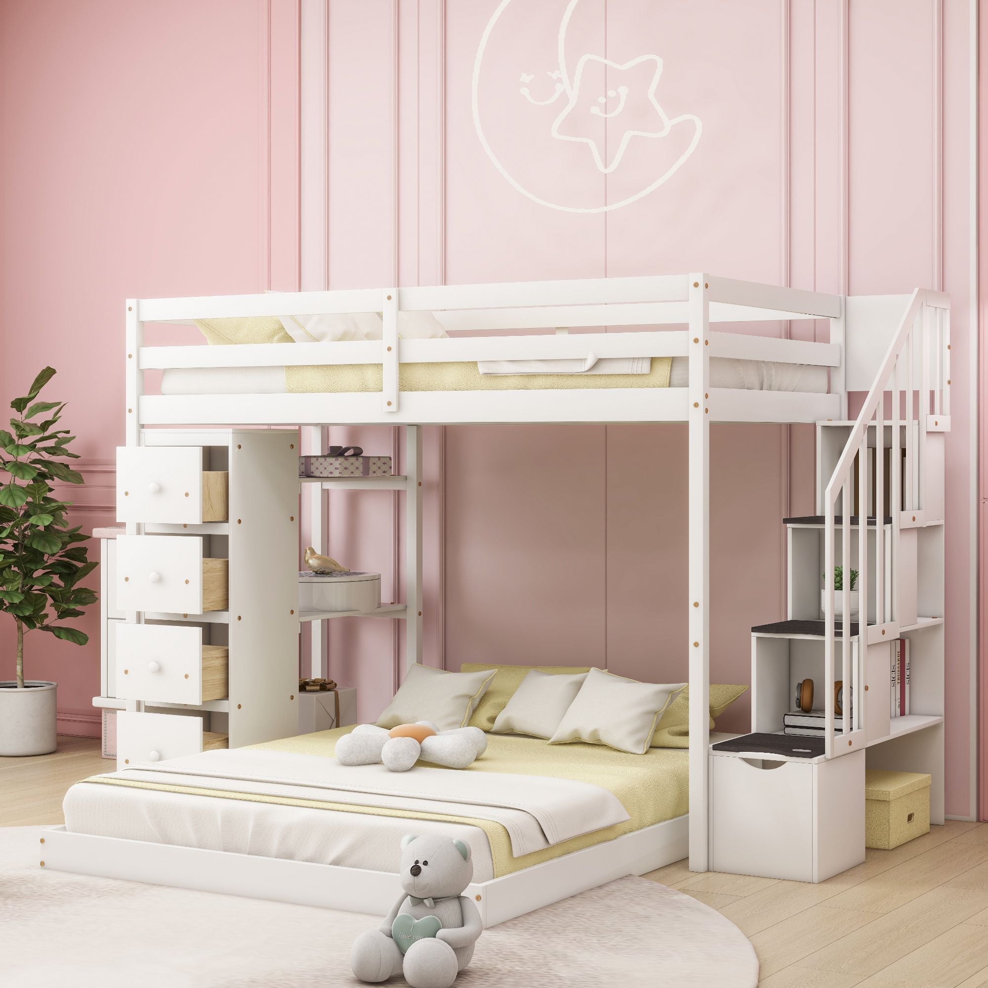 Kids Shared Room Twin Over Full Wood Bunk Bed with Storage Stairs, Shelves, Drawers White | Just Better Bunk Beds - Front View
