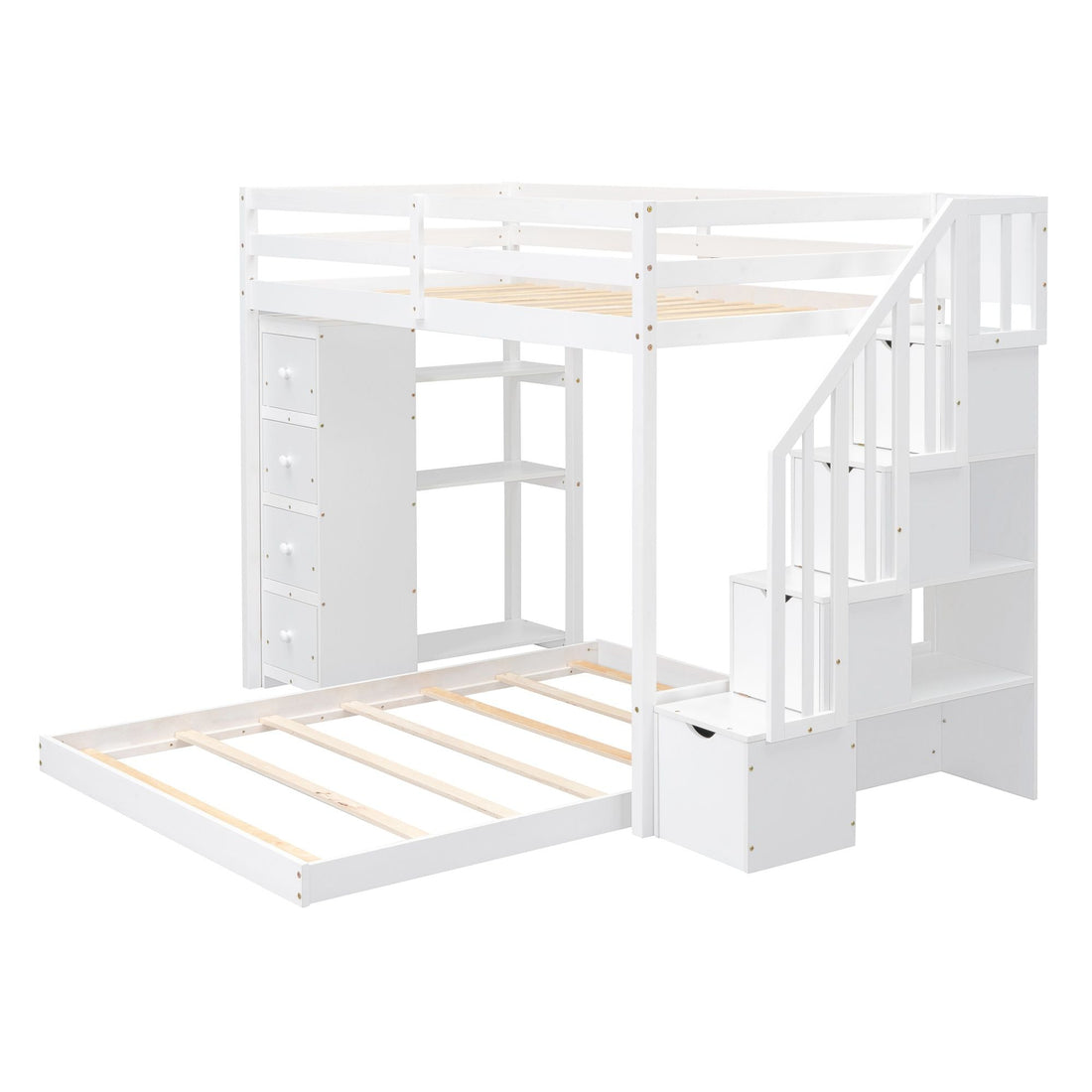 Kids Shared Room Twin Over Full Wood Bunk Bed with Storage Stairs, Shelves, Drawers White | Just Better Bunk Beds - Detail View