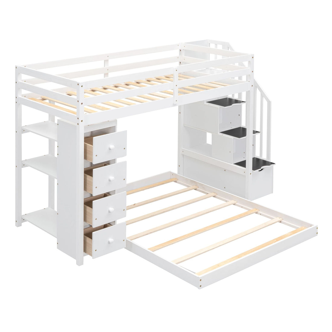 Kids Shared Room Twin Over Full Wood Bunk Bed with Storage Stairs, Shelves, Drawers White | Just Better Bunk Beds - View 9