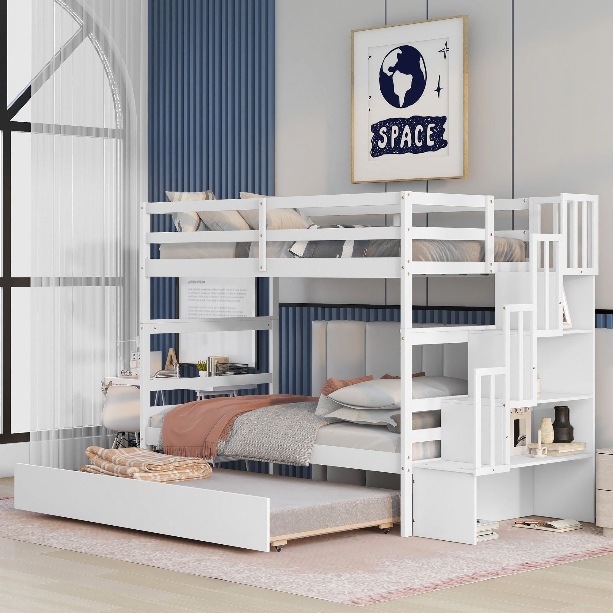 Kids Shared Room Twin over Twin Bunk Bed with Trundle and Stairway Storage White Wood | Just Better Bunk Beds - Front View