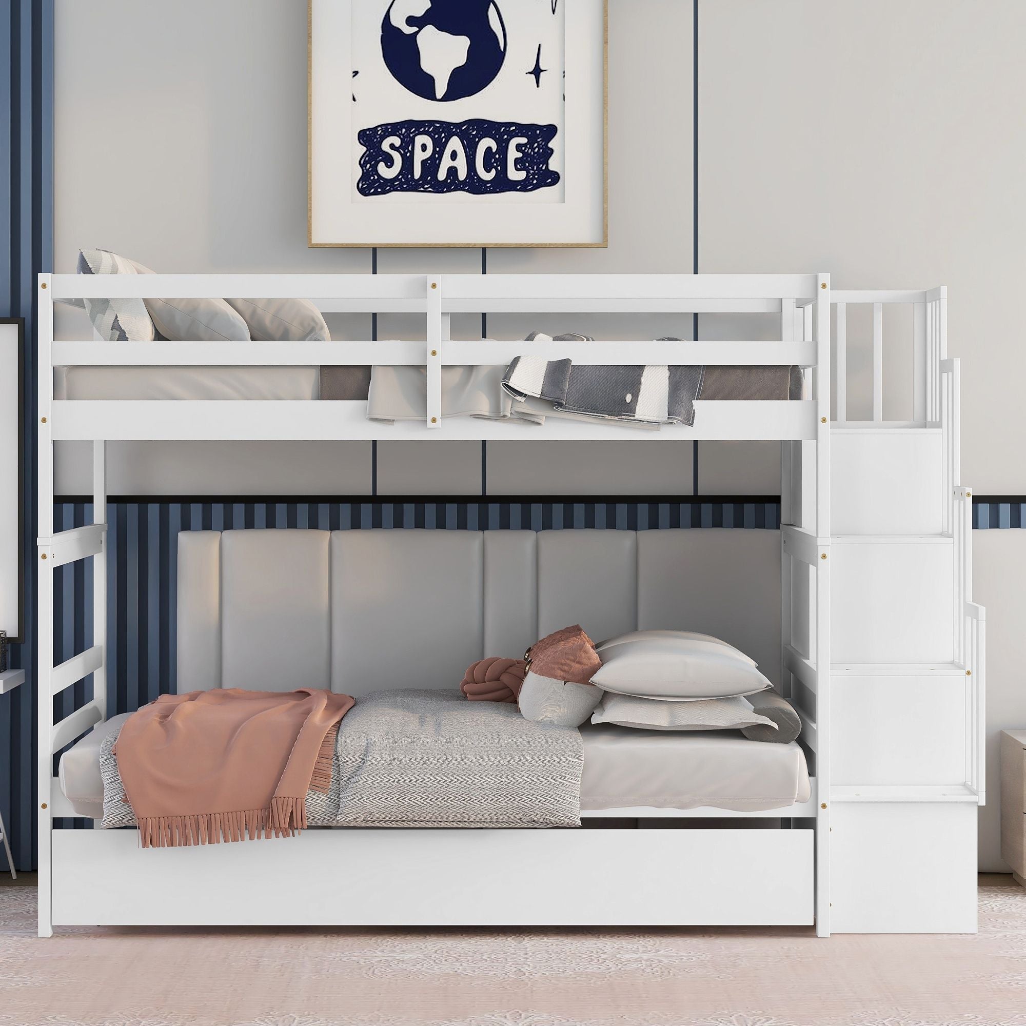 Kids Shared Room Twin over Twin Bunk Bed with Trundle and Stairway Storage White Wood | Just Better Bunk Beds - Side View