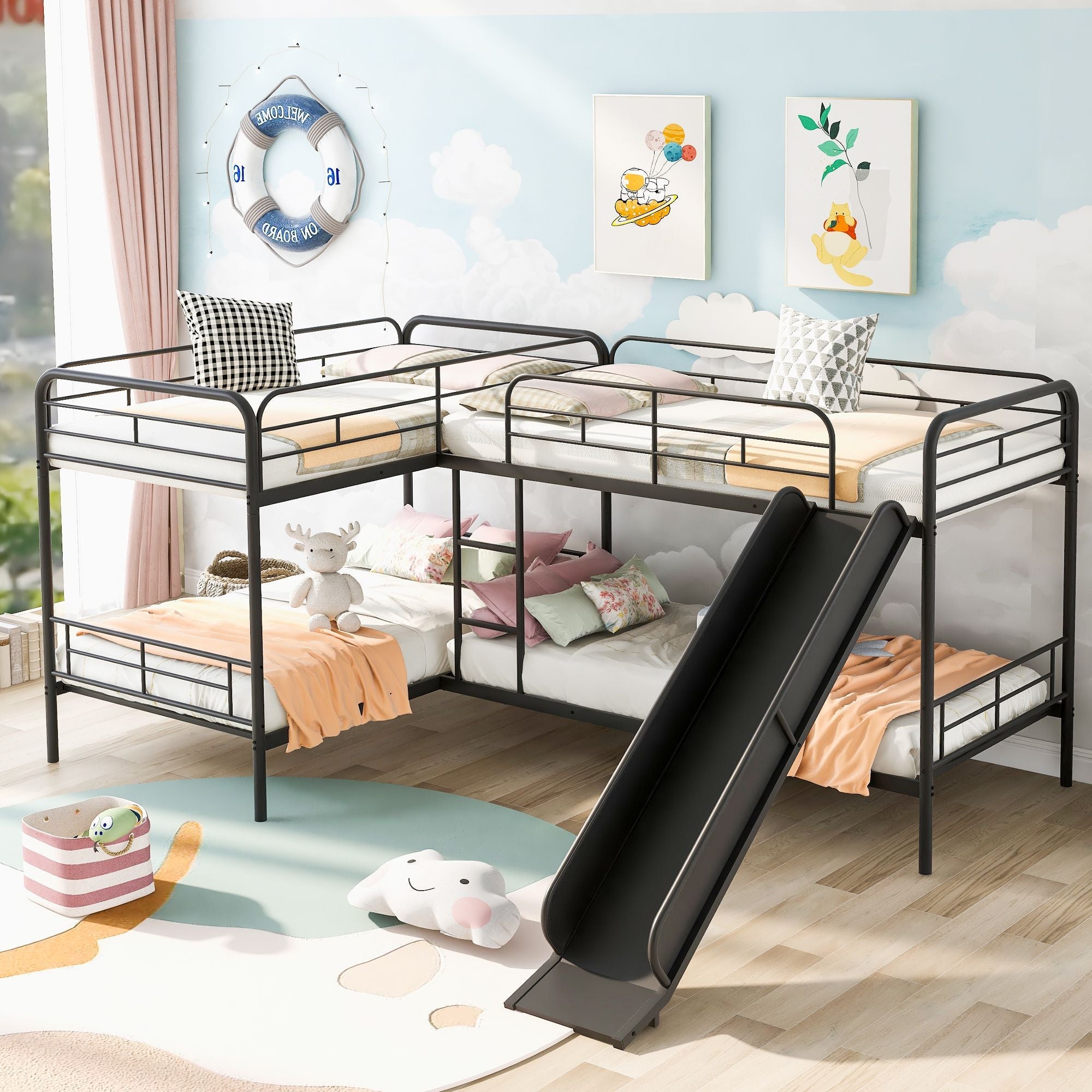 Kids Shared Room Twin Over Twin L-Shaped Metal Bunk Bed with Slide and Ladder, Black | Just Better Bunk Beds - Front View
