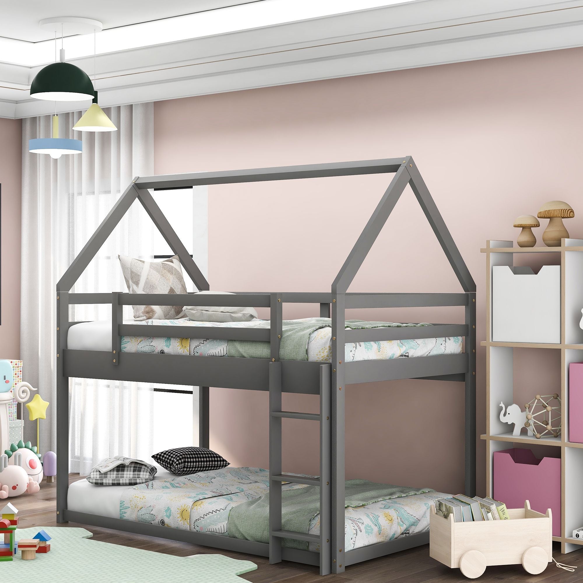 Kids Shared Room Twin Over Twin Low Wood Bunk Bed with House Frame and Ladder, Gray | Just Better Bunk Beds - Front View