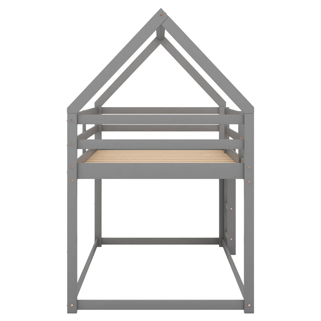Kids Shared Room Twin Over Twin Low Wood Bunk Bed with House Frame and Ladder, Gray | Just Better Bunk Beds - View 7