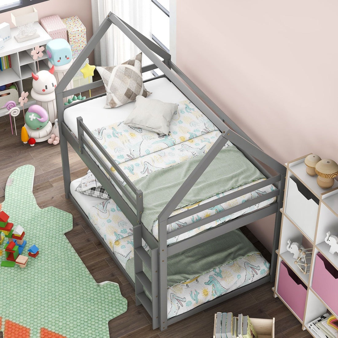 Kids Shared Room Twin Over Twin Low Wood Bunk Bed with House Frame and Ladder, Gray | Just Better Bunk Beds - Detail View
