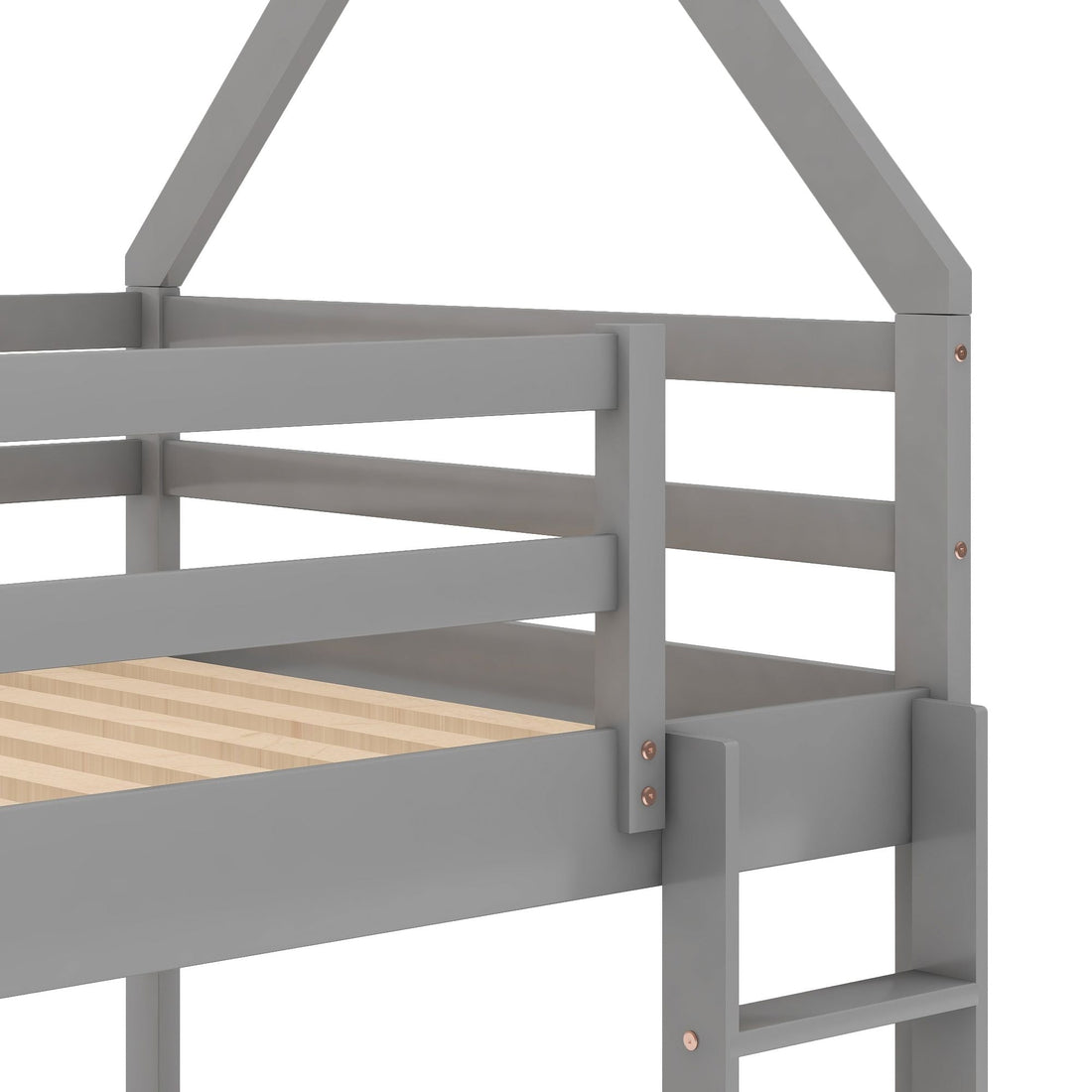 Kids Shared Room Twin Over Twin Low Wood Bunk Bed with House Frame and Ladder, Gray | Just Better Bunk Beds - View 6