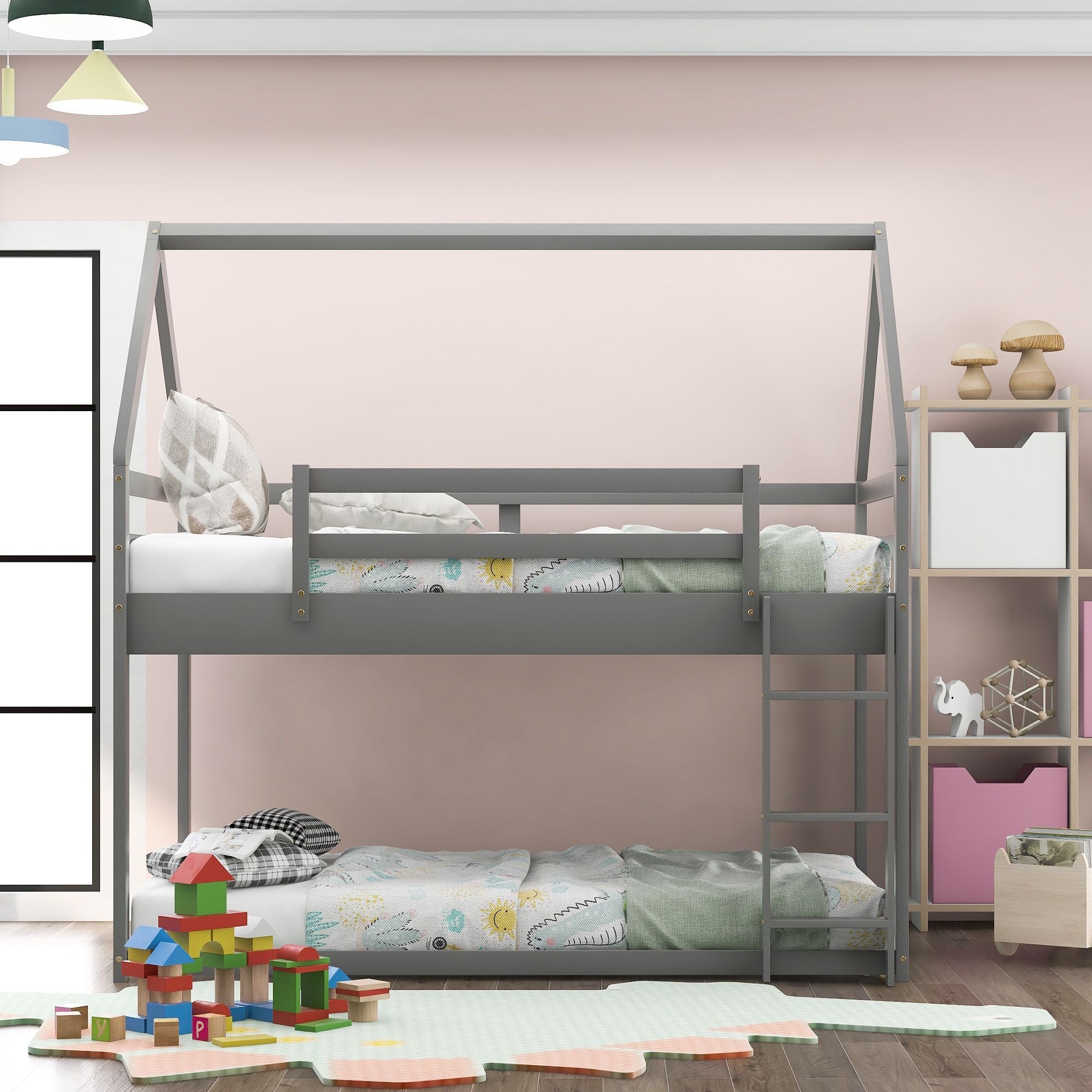 Kids Shared Room Twin Over Twin Low Wood Bunk Bed with House Frame and Ladder, Gray | Just Better Bunk Beds - Side View
