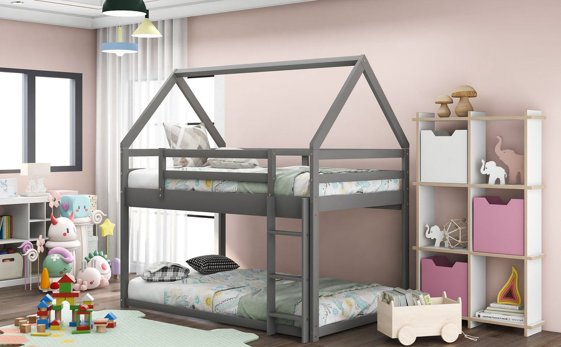 Kids Shared Room Twin Over Twin Low Wood Bunk Bed with House Frame and Ladder, Gray | Just Better Bunk Beds - Assembly View