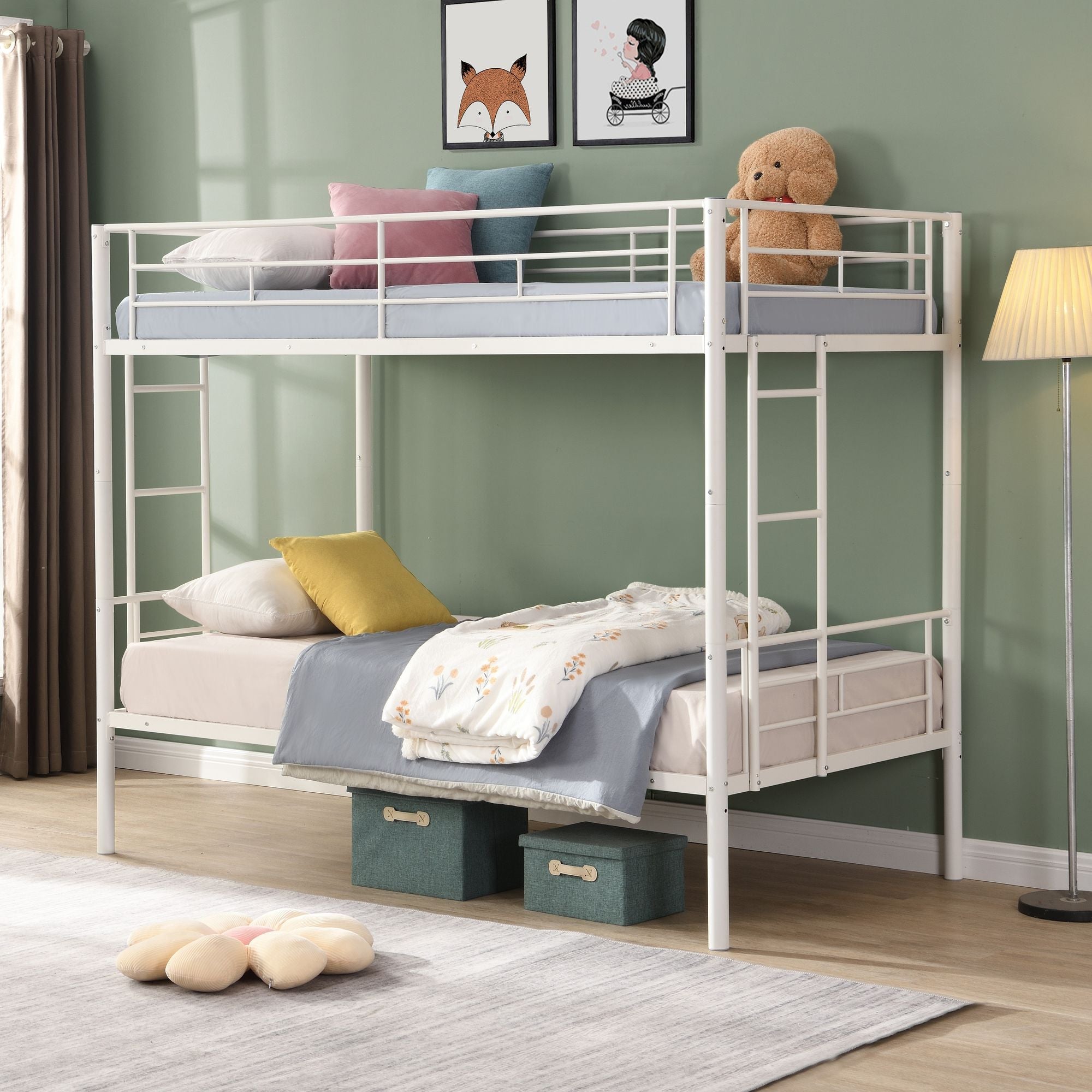 Kids Shared Room Twin Over Twin Metal Bunk Bed with 2 Ladders and Full-Length Guardrail, Black | Just Better Bunk Beds - Side View