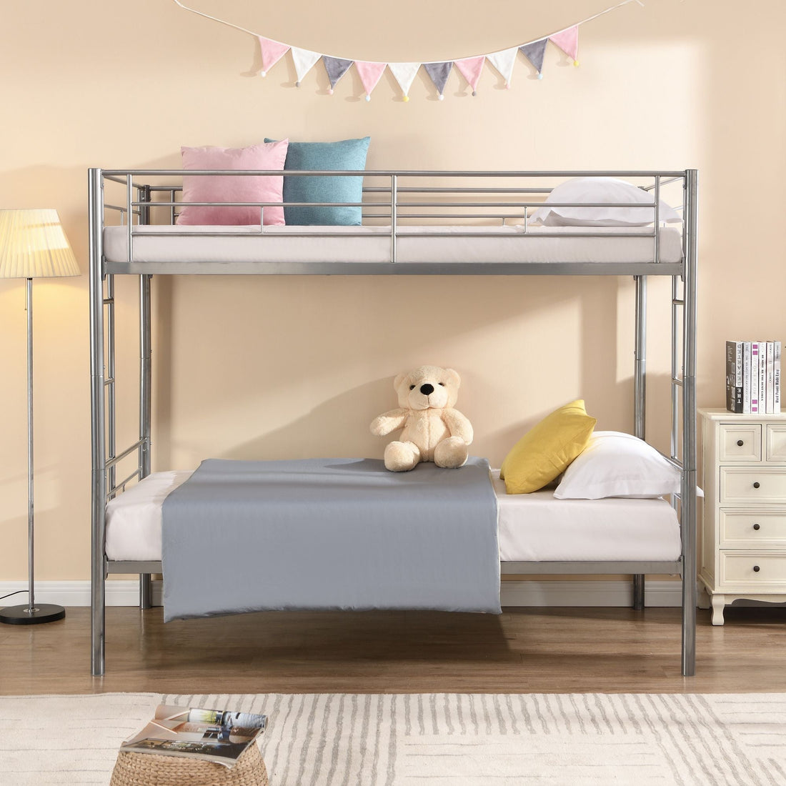 Kids Shared Room Twin Over Twin Metal Bunk Bed with 2 Ladders and Full-Length Guardrail, Black | Just Better Bunk Beds - View 12