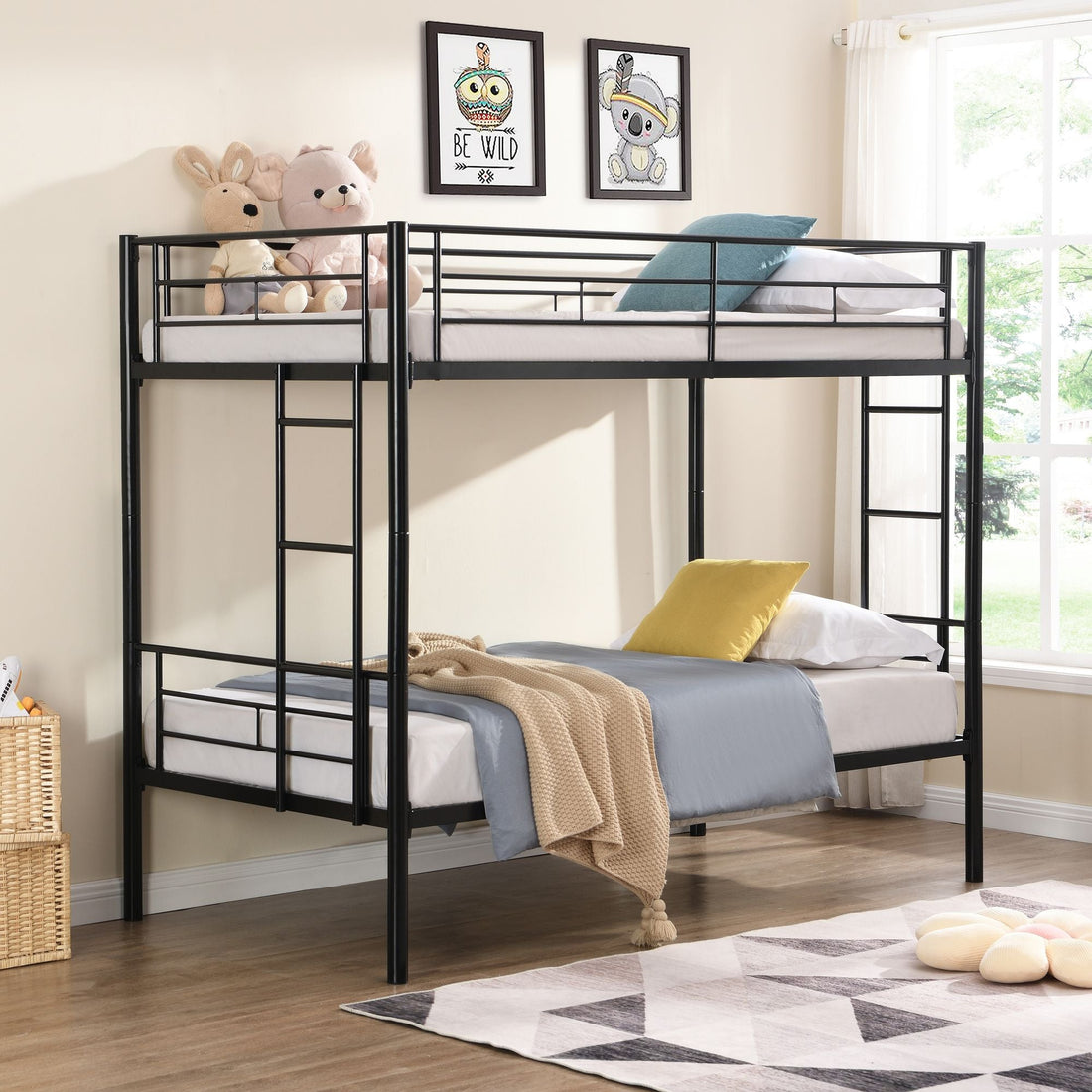 Kids Shared Room Twin Over Twin Metal Bunk Bed with 2 Ladders and Full-Length Guardrail, Black | Just Better Bunk Beds - View 20