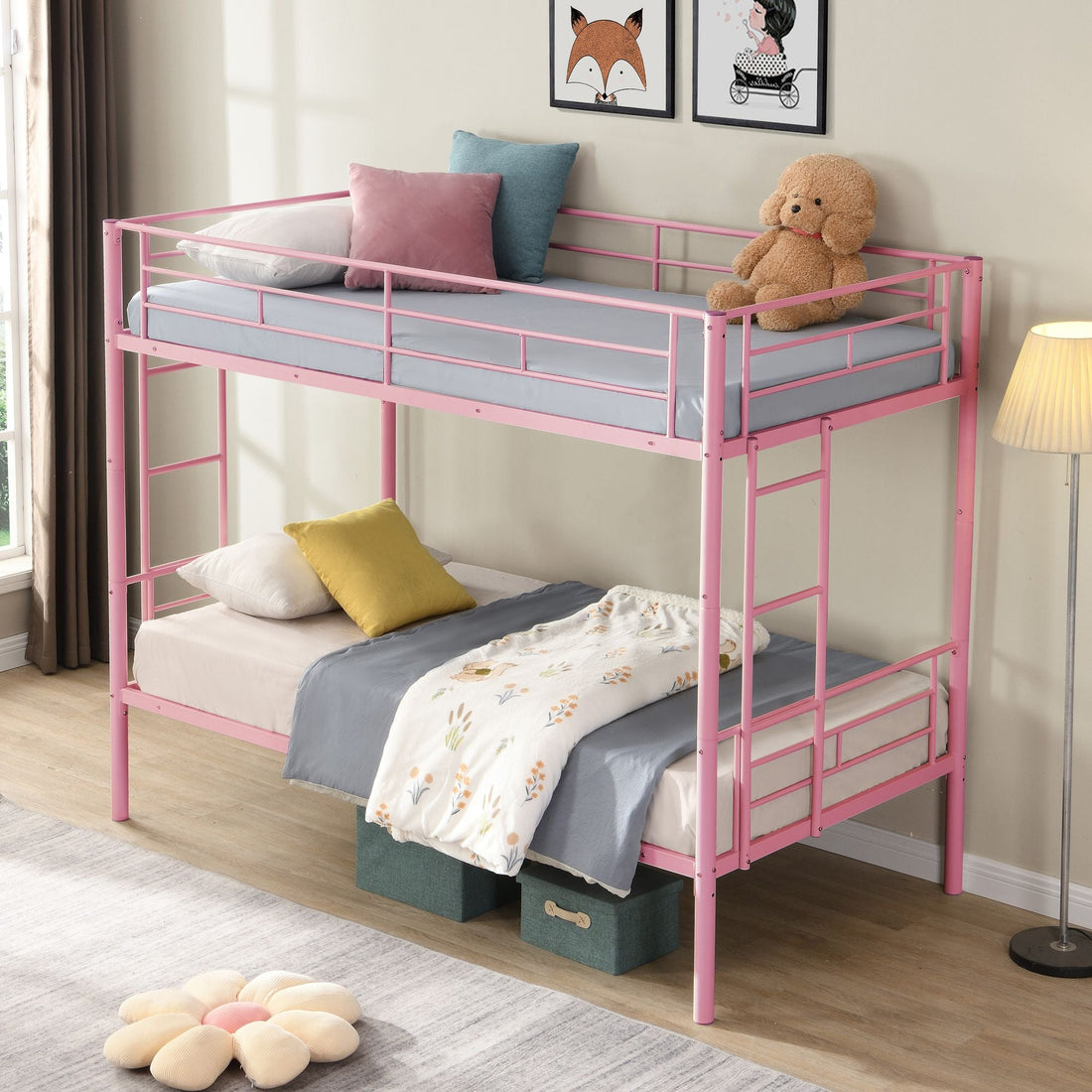 Kids Shared Room Twin Over Twin Metal Bunk Bed with 2 Ladders and Full-Length Guardrail, Black | Just Better Bunk Beds - View 28
