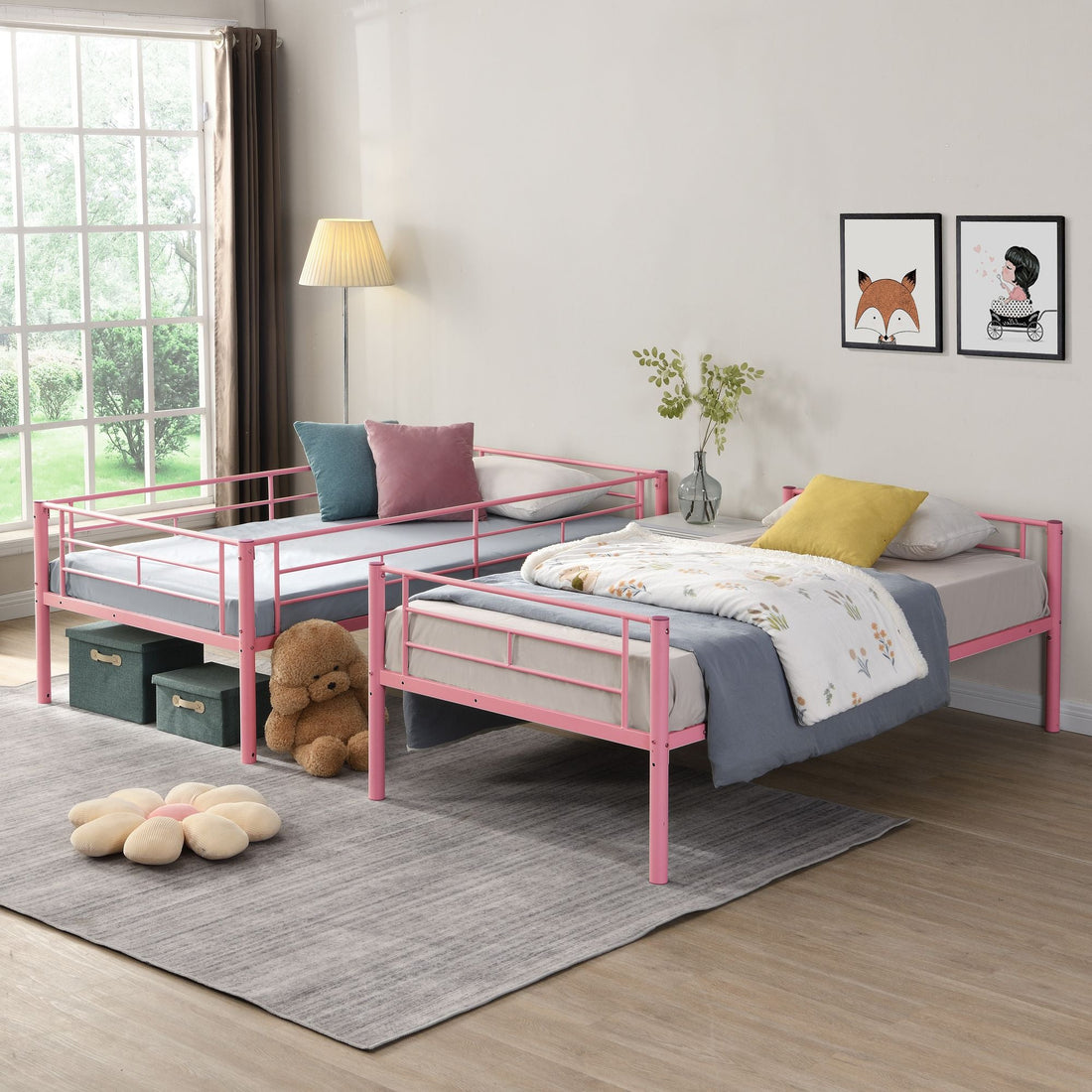 Kids Shared Room Twin Over Twin Metal Bunk Bed with 2 Ladders and Full-Length Guardrail, Black | Just Better Bunk Beds - View 30