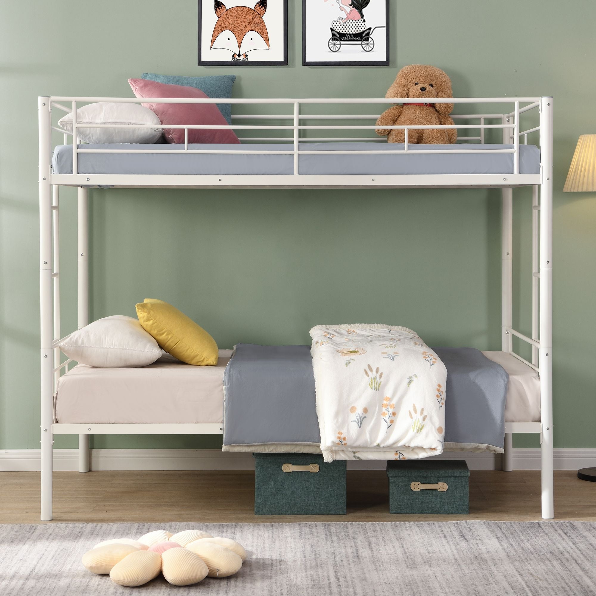 Kids Shared Room Twin Over Twin Metal Bunk Bed with 2 Ladders and Full-Length Guardrail, Black | Just Better Bunk Beds - Front View