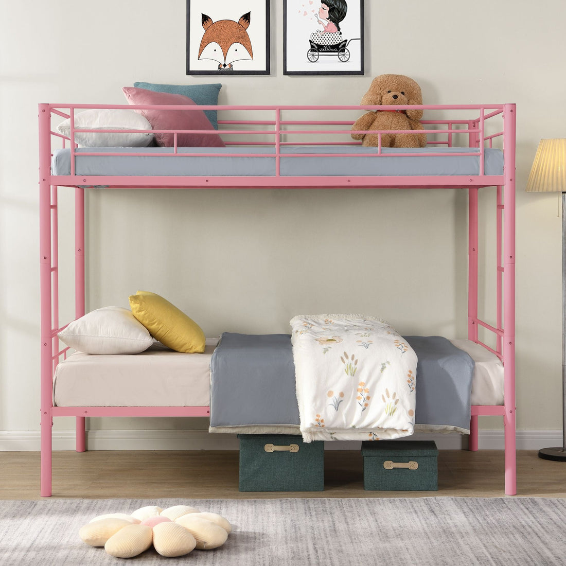 Kids Shared Room Twin Over Twin Metal Bunk Bed with 2 Ladders and Full-Length Guardrail, Black | Just Better Bunk Beds - View 29
