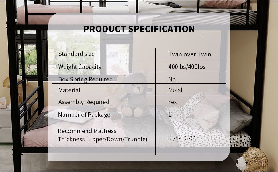 Kids Shared Room Twin Over Twin Metal Bunk Bed with Ladder, Guardrail, Convertible Design in Black | Just Better Bunk Beds - View 6