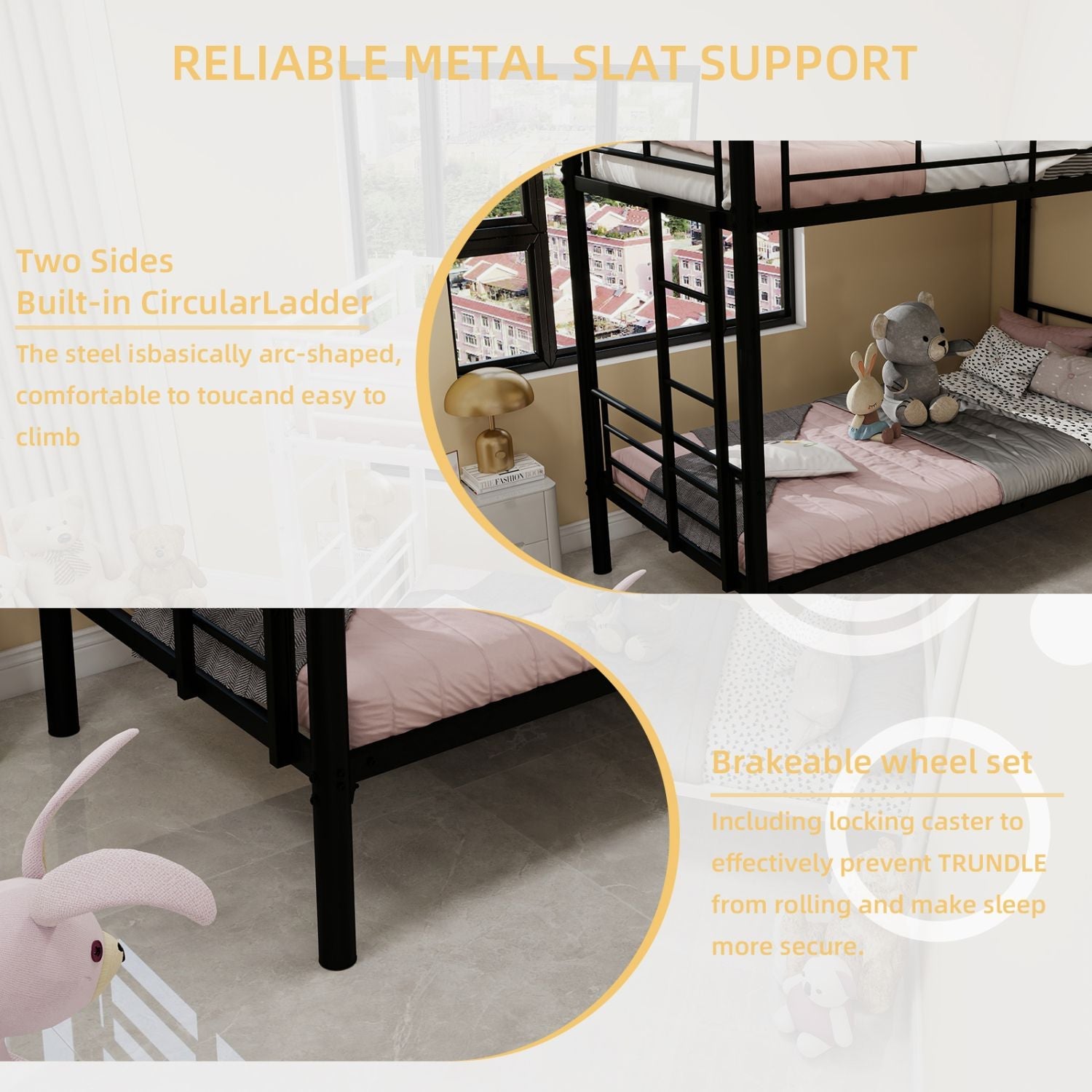 Kids Shared Room Twin Over Twin Metal Bunk Bed with Ladder, Guardrail, Convertible Design in Black | Just Better Bunk Beds - View 11