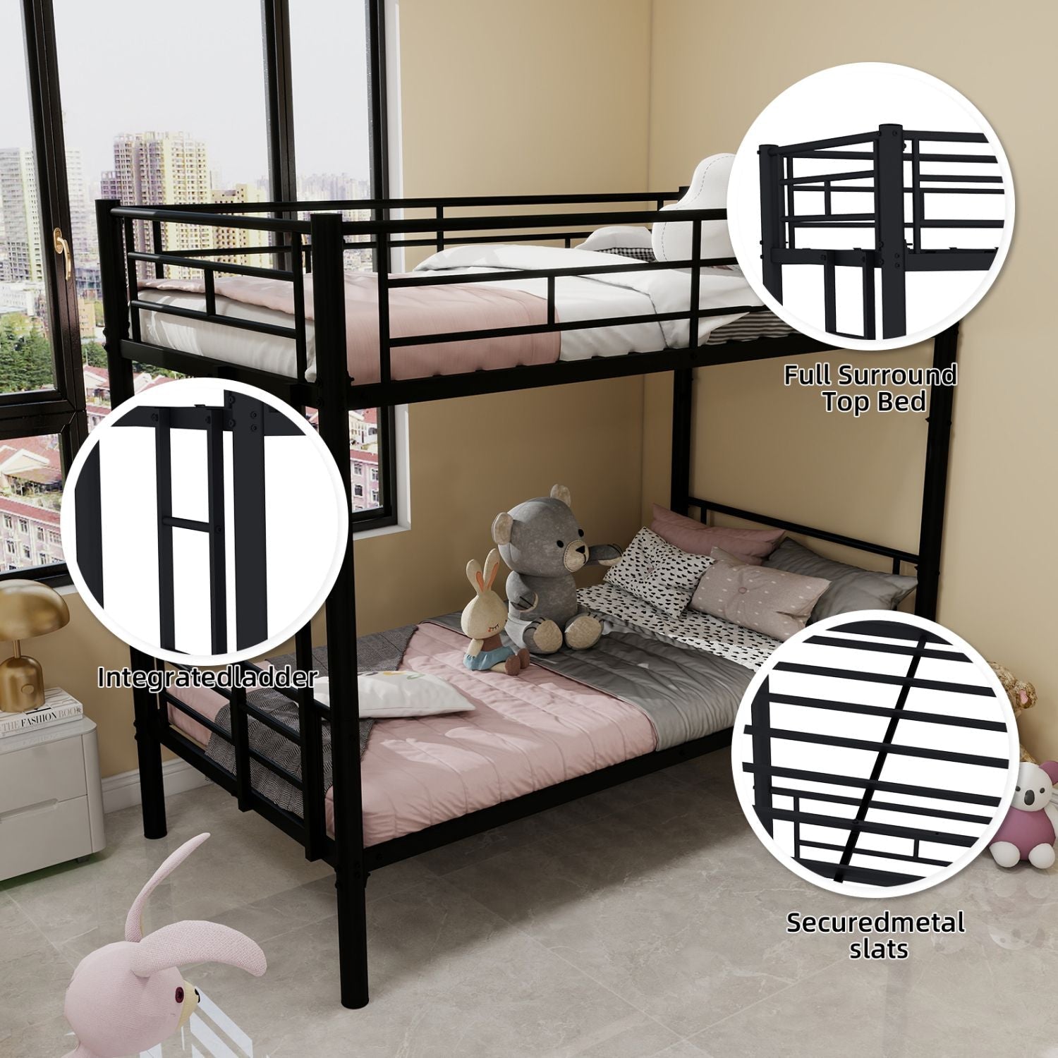 Kids Shared Room Twin Over Twin Metal Bunk Bed with Ladder, Guardrail, Convertible Design in Black | Just Better Bunk Beds - View 10