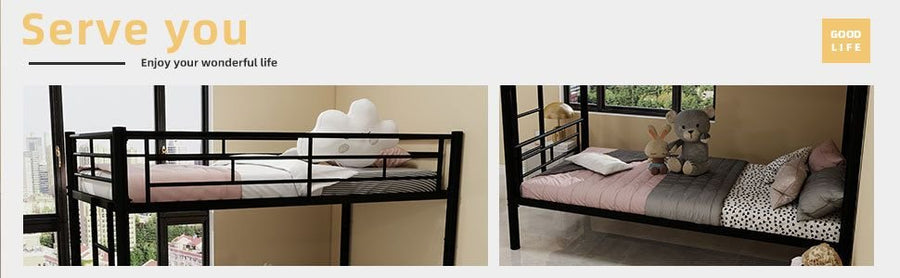 Kids Shared Room Twin Over Twin Metal Bunk Bed with Ladder, Guardrail, Convertible Design in Black | Just Better Bunk Beds - Side View