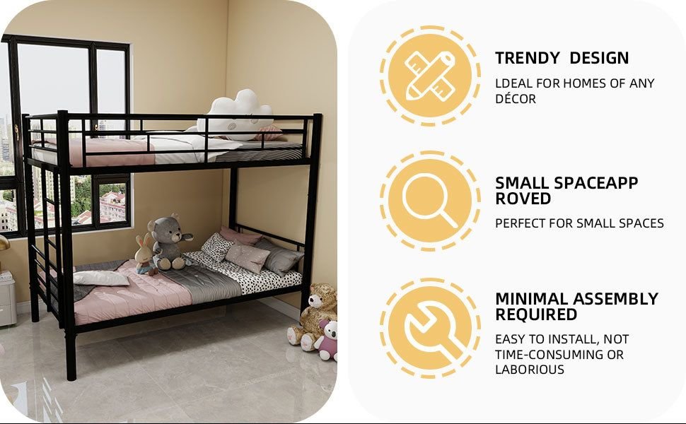 Kids Shared Room Twin Over Twin Metal Bunk Bed with Ladder, Guardrail, Convertible Design in Black | Just Better Bunk Beds - View 5