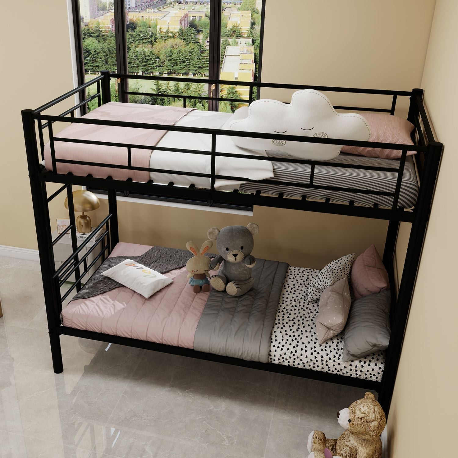 Kids Shared Room Twin Over Twin Metal Bunk Bed with Ladder, Guardrail, Convertible Design in Black | Just Better Bunk Beds - View 13