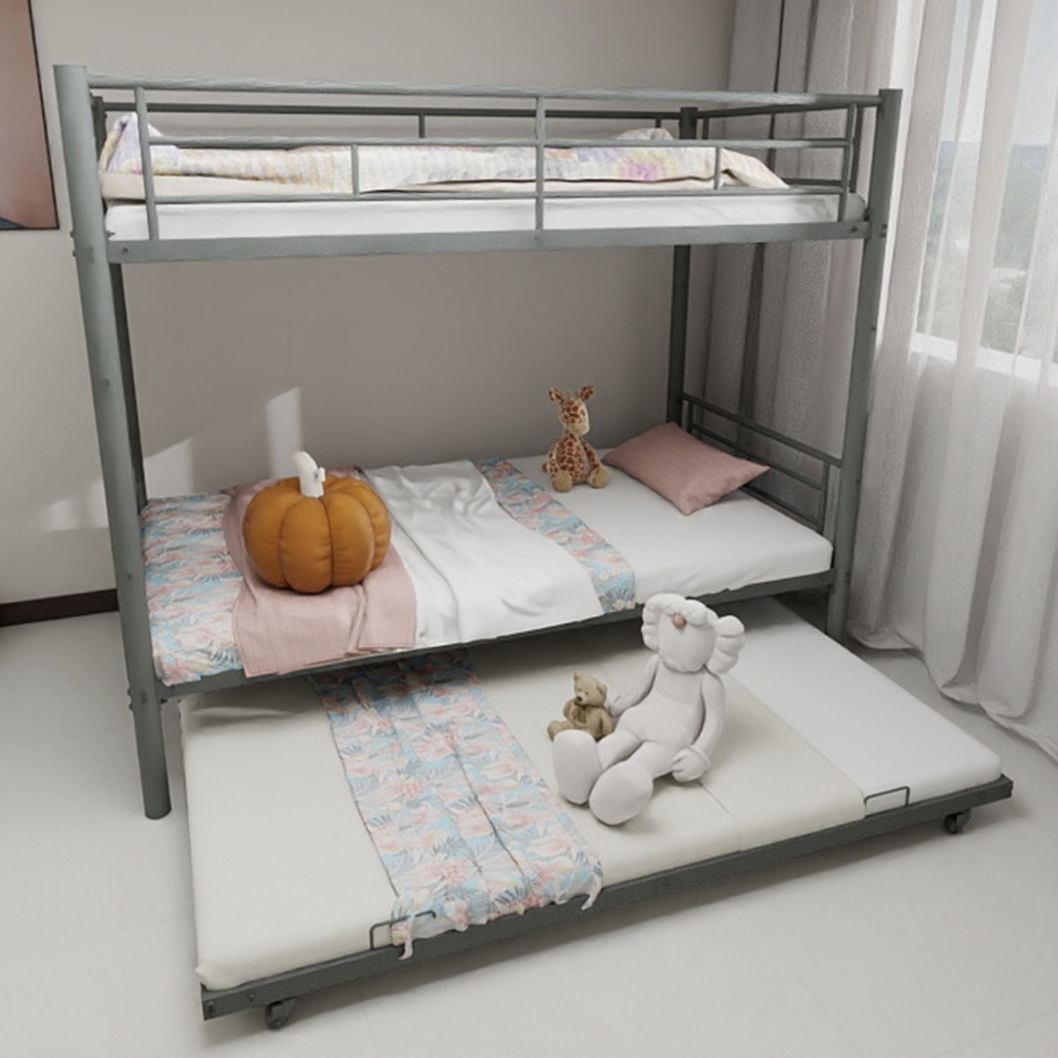 Kids Shared Room Twin Over Twin Metal Bunk Bed with Safety Guardrails, Noise-Reduced Silver Finish | Just Better Bunk Beds - Front View