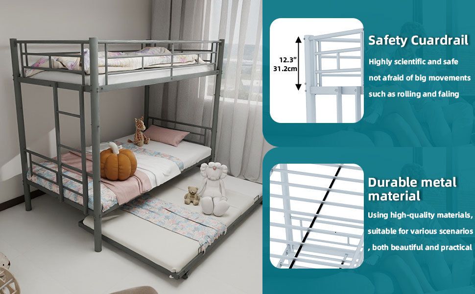 Kids Shared Room Twin Over Twin Metal Bunk Bed with Safety Guardrails, Noise-Reduced Silver Finish | Just Better Bunk Beds - View 7