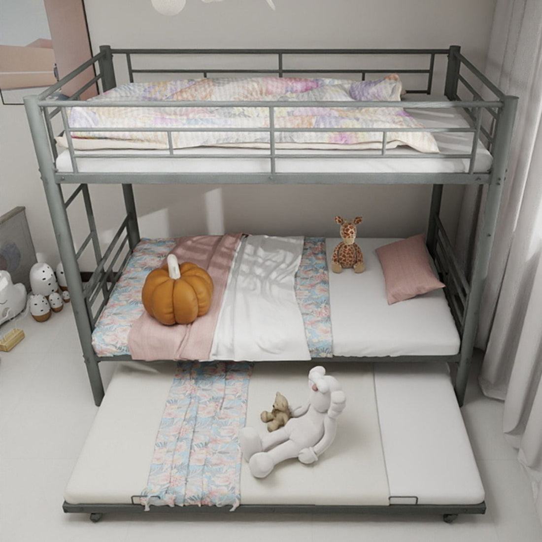 Kids Shared Room Twin Over Twin Metal Bunk Bed with Safety Guardrails, Noise-Reduced Silver Finish | Just Better Bunk Beds - View 5