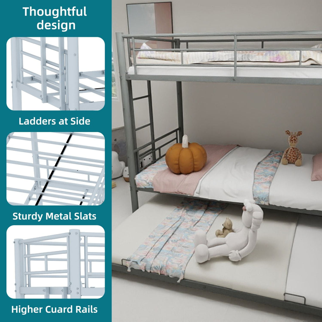 Kids Shared Room Twin Over Twin Metal Bunk Bed with Safety Guardrails, Noise-Reduced Silver Finish | Just Better Bunk Beds - Assembly View