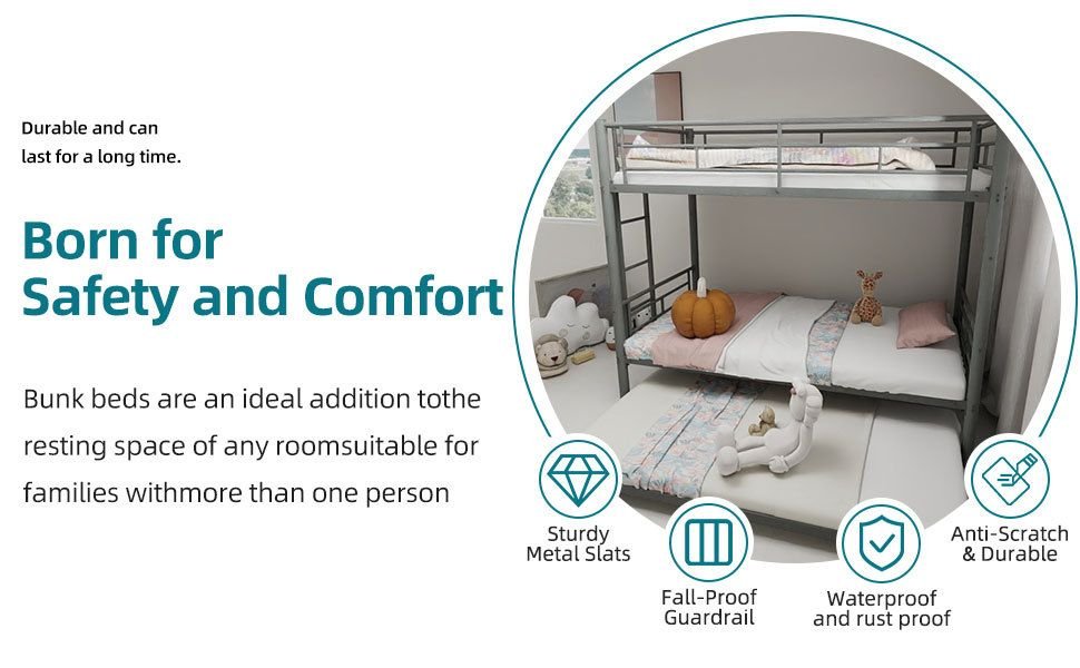 Kids Shared Room Twin Over Twin Metal Bunk Bed with Safety Guardrails, Noise-Reduced Silver Finish | Just Better Bunk Beds - View 6