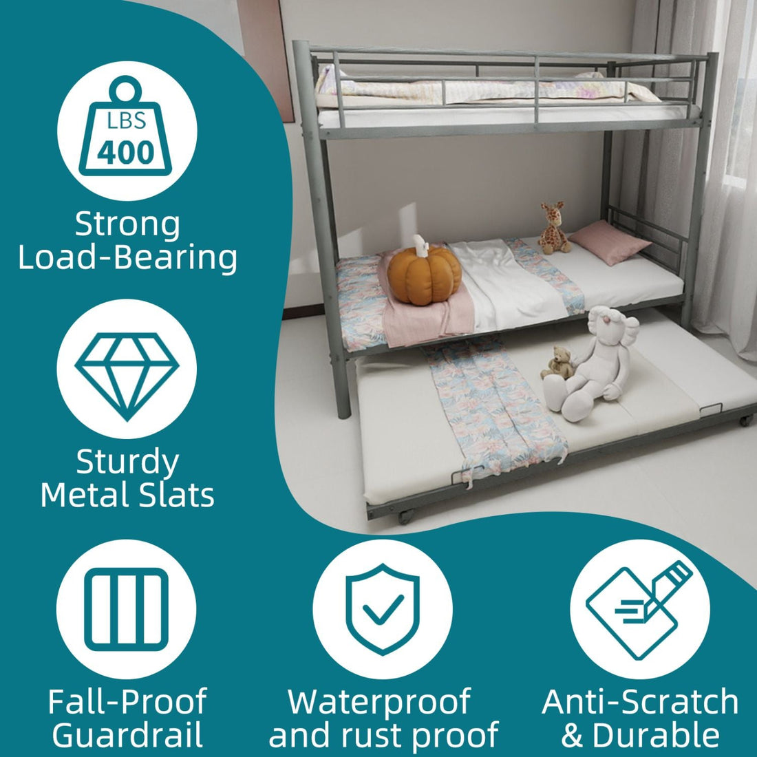 Kids Shared Room Twin Over Twin Metal Bunk Bed with Safety Guardrails, Noise-Reduced Silver Finish | Just Better Bunk Beds - Detail View