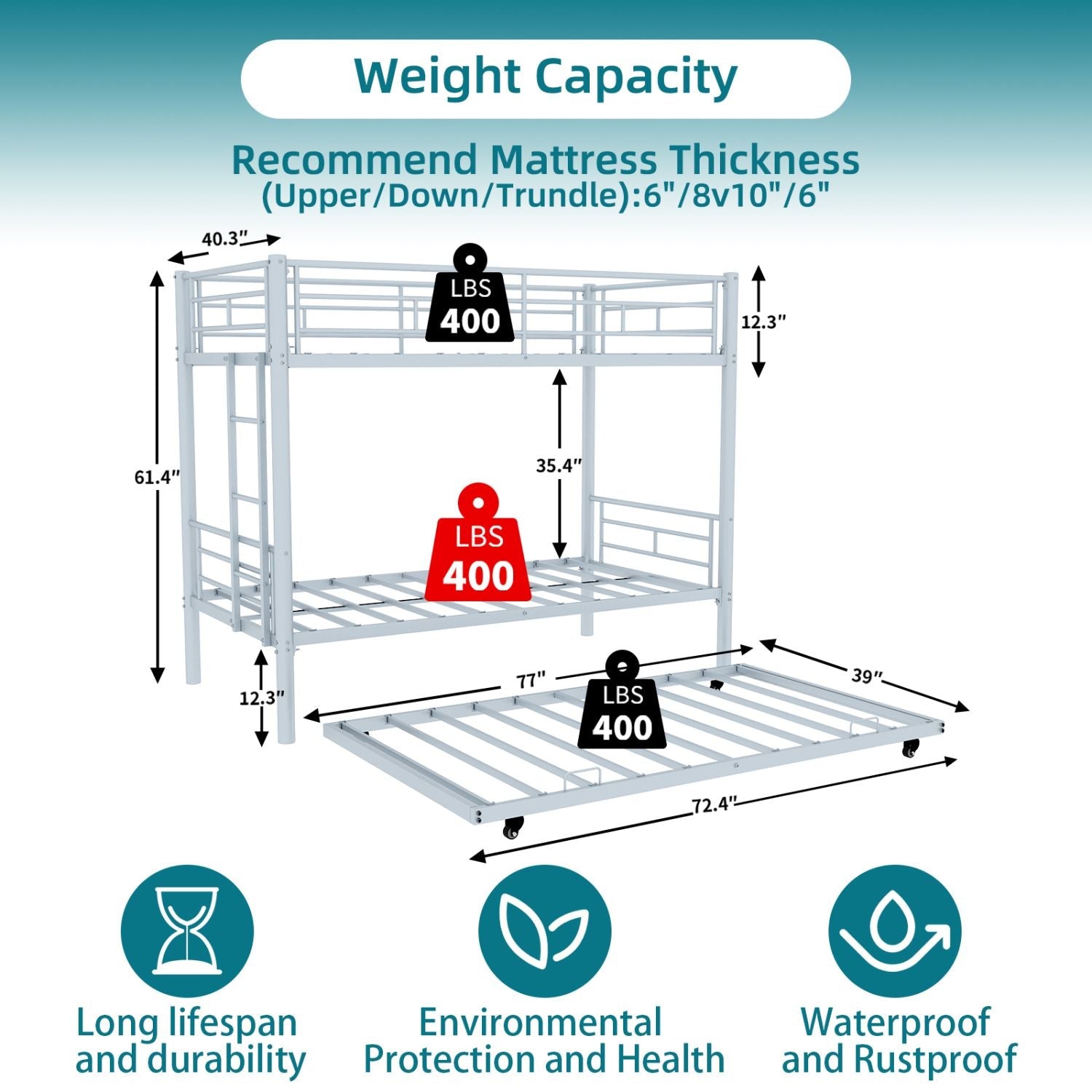 Kids Shared Room Twin Over Twin Metal Bunk Bed with Safety Guardrails, Noise-Reduced Silver Finish | Just Better Bunk Beds - Side View