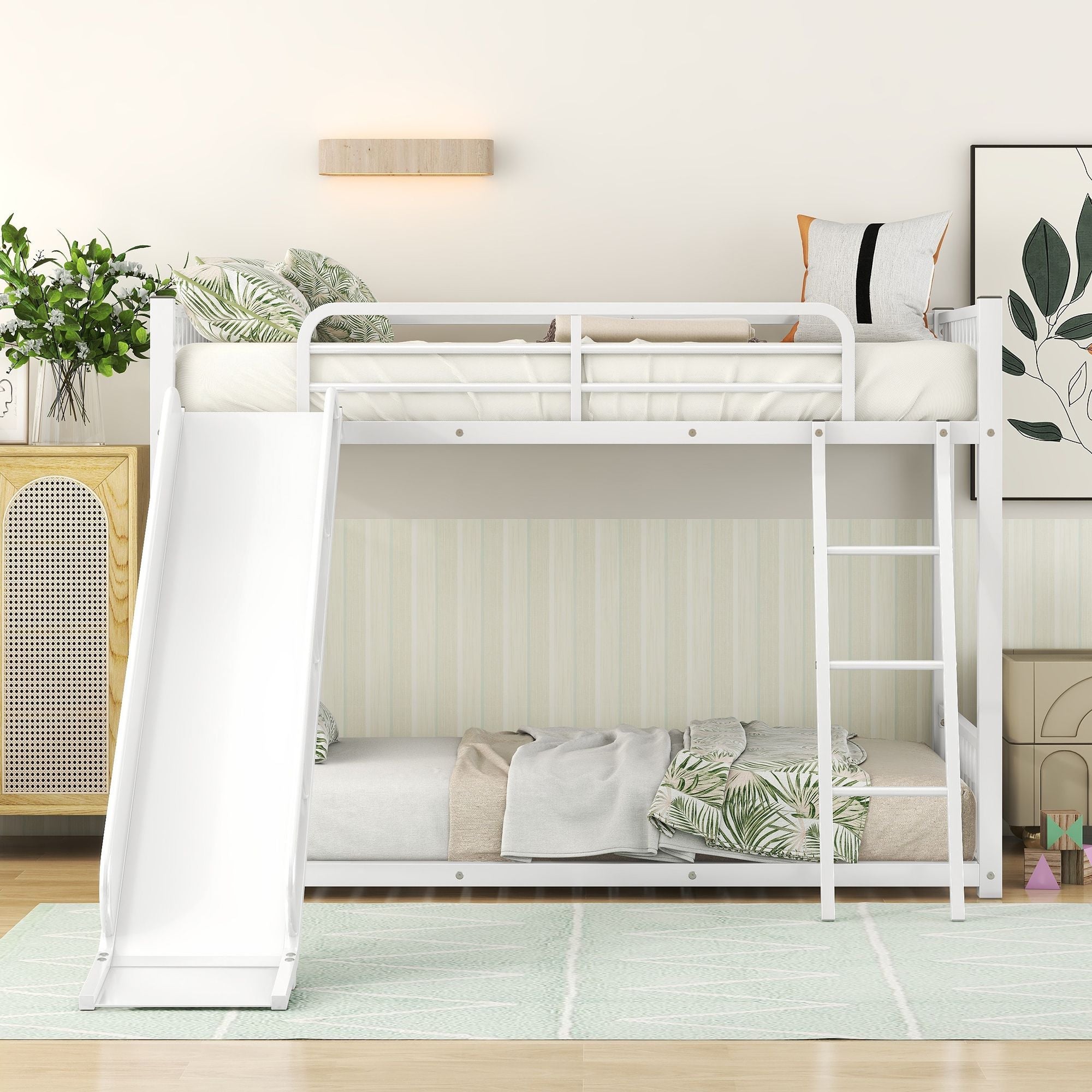 Kids Shared Room Twin Over Twin Metal Bunk Bed with Slide, Ladder, White or Black | Just Better Bunk Beds - Front View