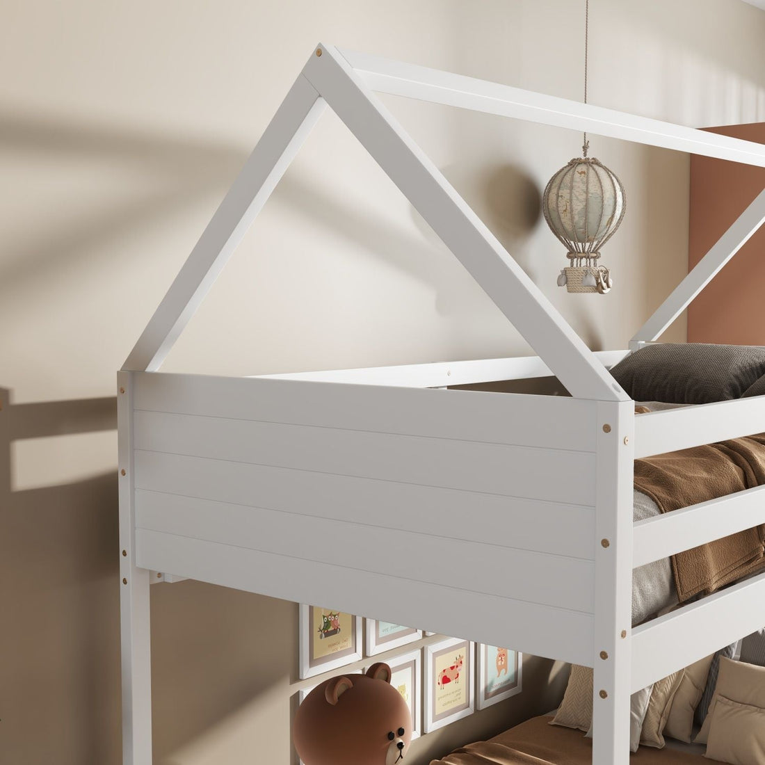 Kids Shared Room Twin Over Twin Rubber Wood House Floor Bunk Bed with Guardrails Ladder White | Just Better Bunk Beds - Assembly View