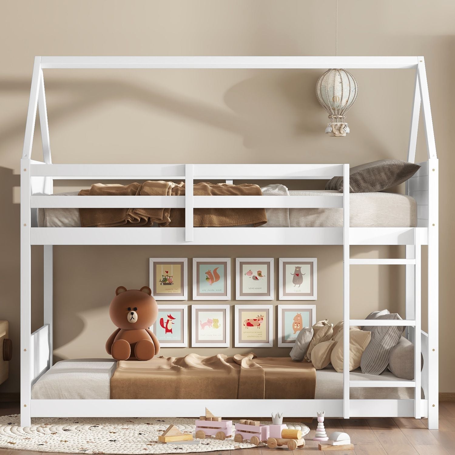Kids Shared Room Twin Over Twin Rubber Wood House Floor Bunk Bed with Guardrails Ladder White | Just Better Bunk Beds - Front View