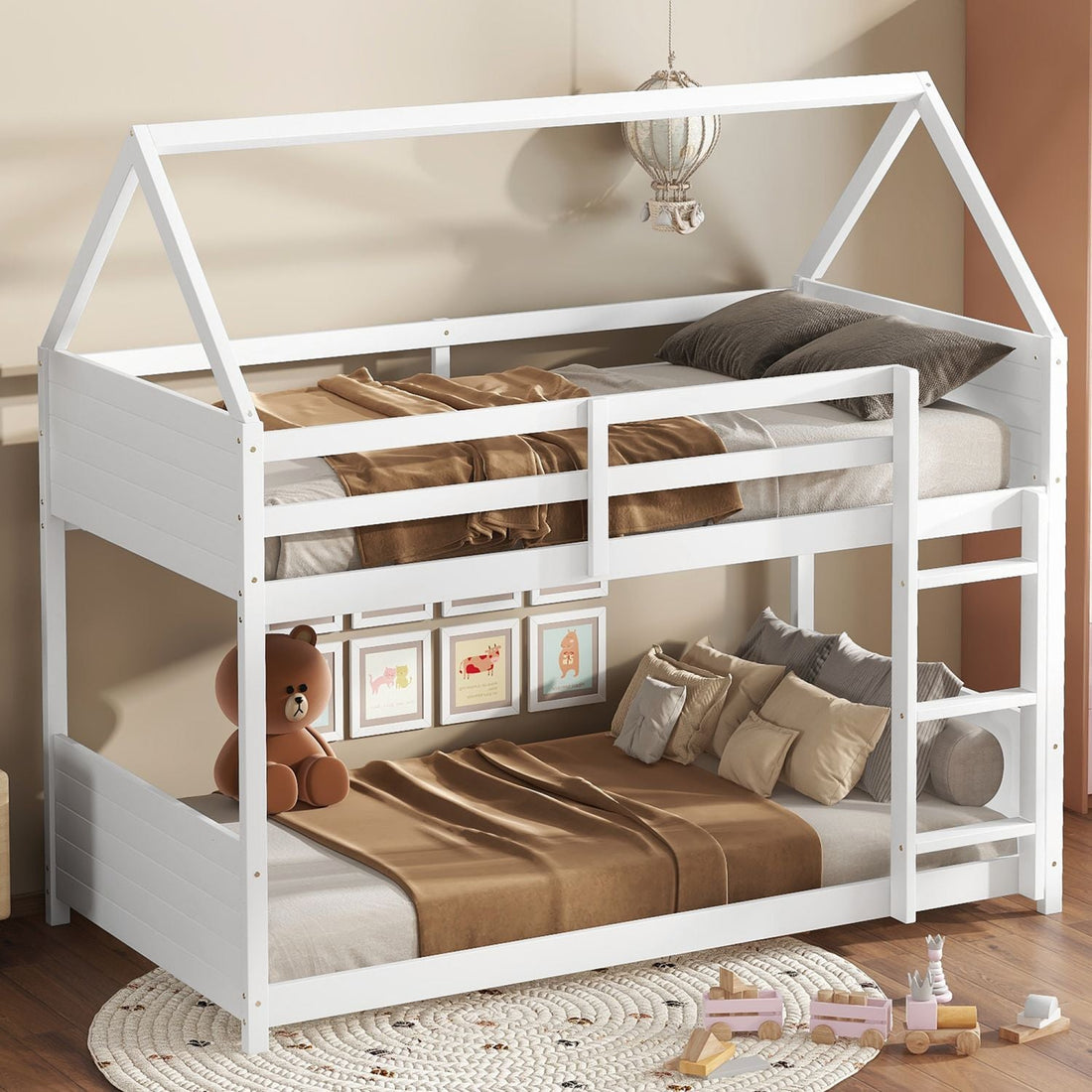 Kids Shared Room Twin Over Twin Rubber Wood House Floor Bunk Bed with Guardrails Ladder White | Just Better Bunk Beds - Detail View